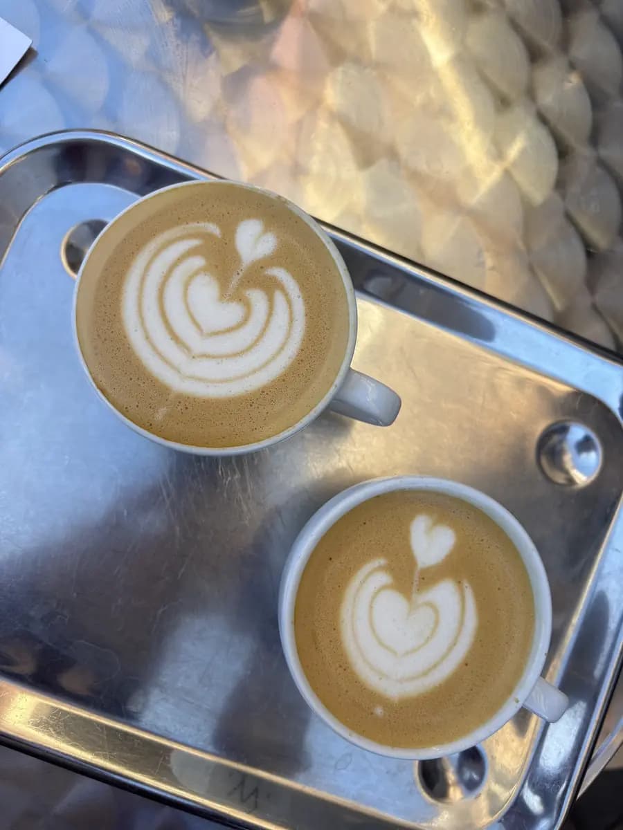 Twee koffies met latte art in de vorm van een hart, op een stalen dienblad.